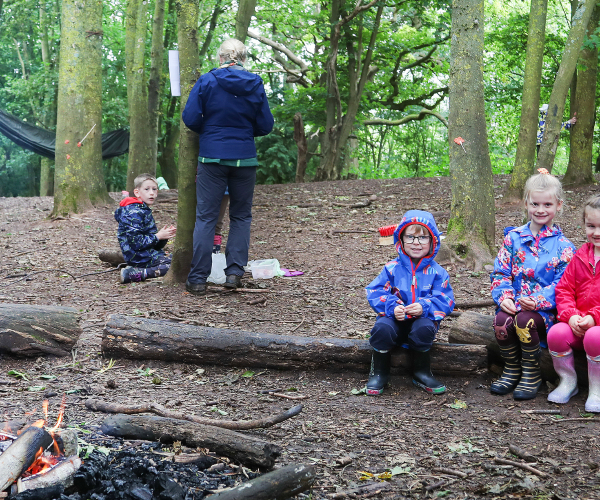 Children sitting on a log next to a campfire in the Forest