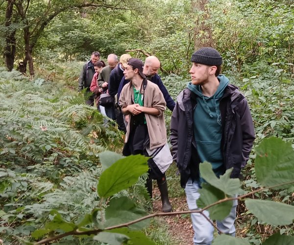 The Warwickshire Fungus Group looking out for fungi along a path in Alne Wood