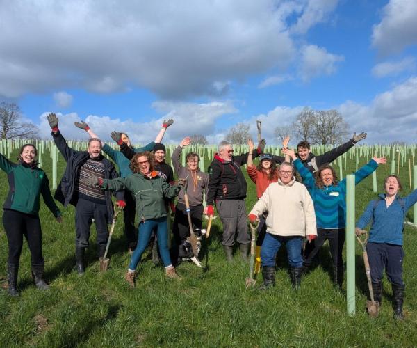 A team from Vectric Ltd on a corporate volunteering day planting trees in the Forest, they are smiling and cheering