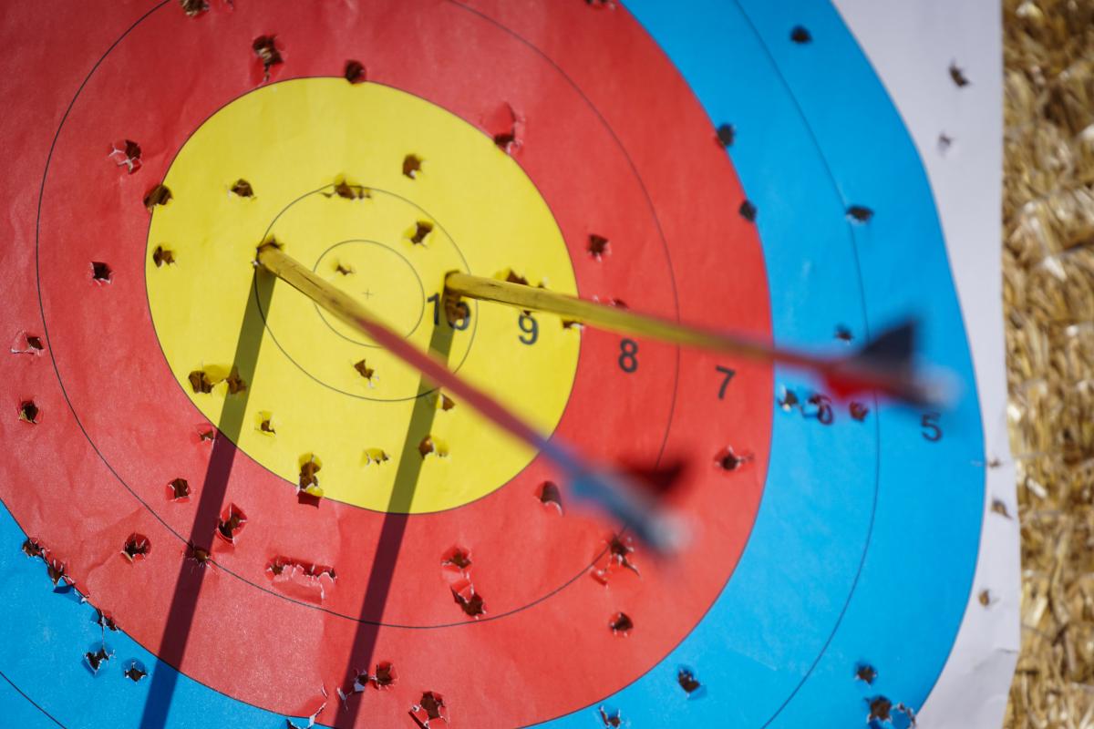 An archery target with two arrows in the gold centre.