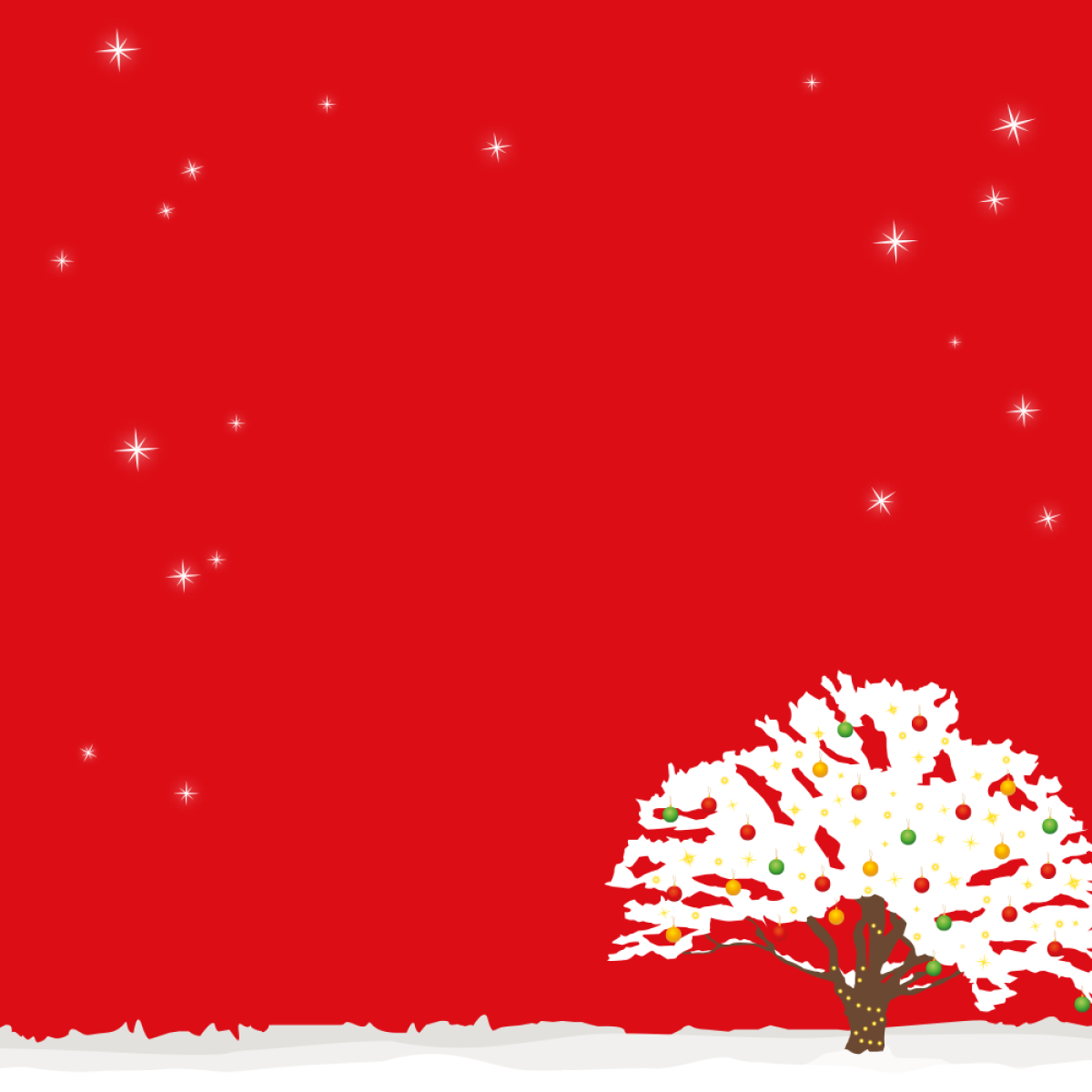 Red backgrouns with a white broadleaf tree covered in lights and baubles bottom right