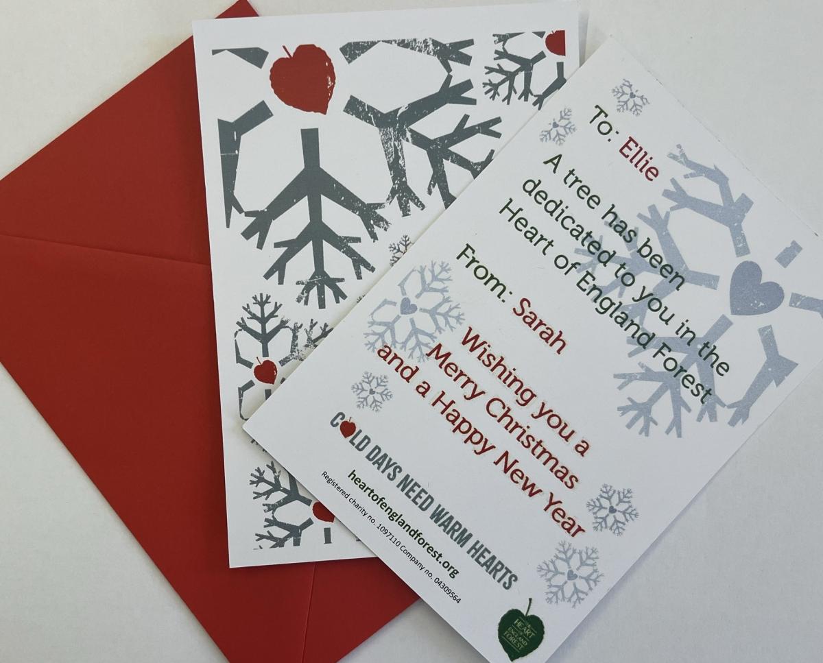 An image showing the festive card with red enevlopment that will be send out with your tree dedication