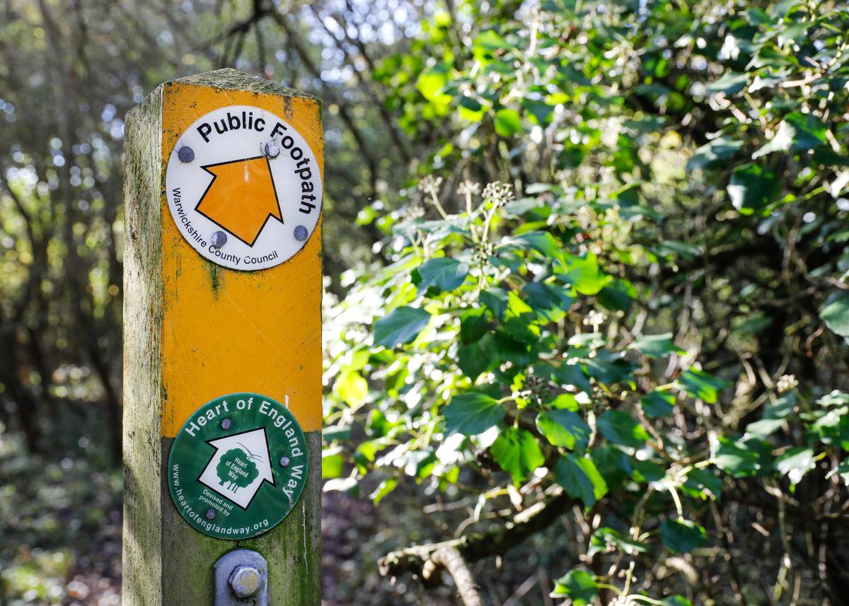A post with permissive walking routes, green trees with dappled sunlight in a woodland