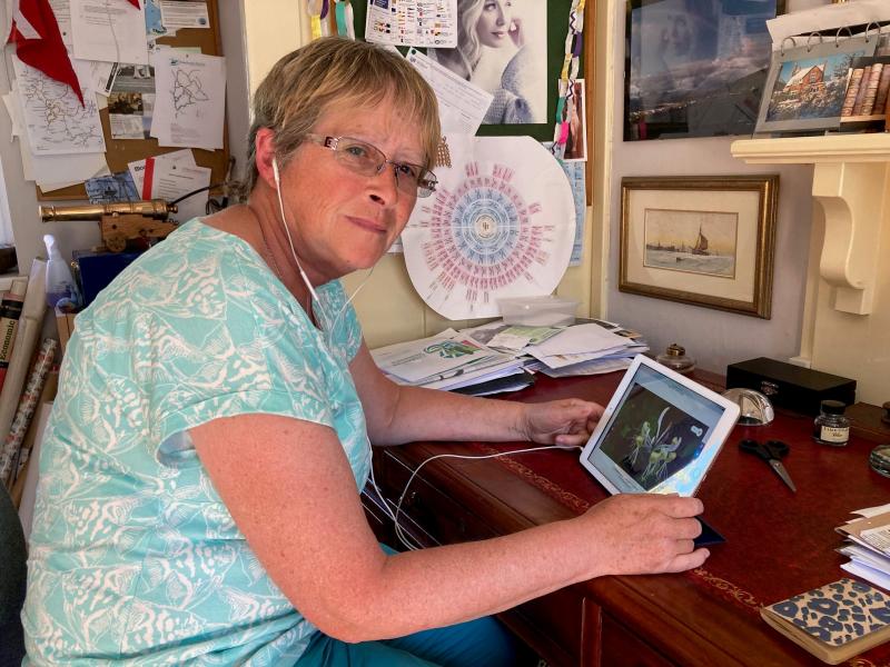 Janice sitting at a desk at home carrying our micro volunteering tasks