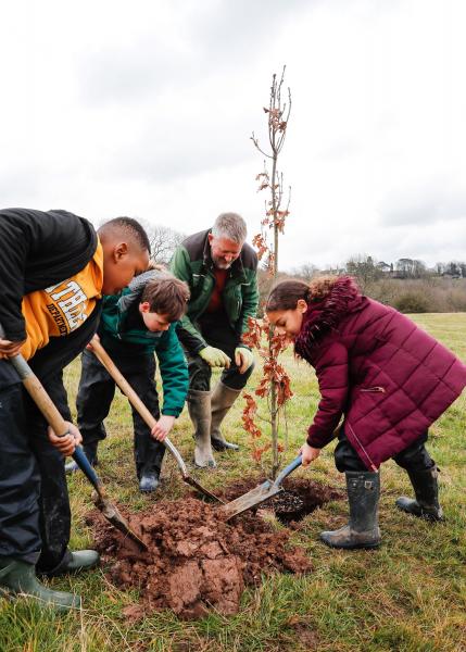 Three pupils shovelling mud into a hole to plant an English oak sapling with Head Forester Stephen 