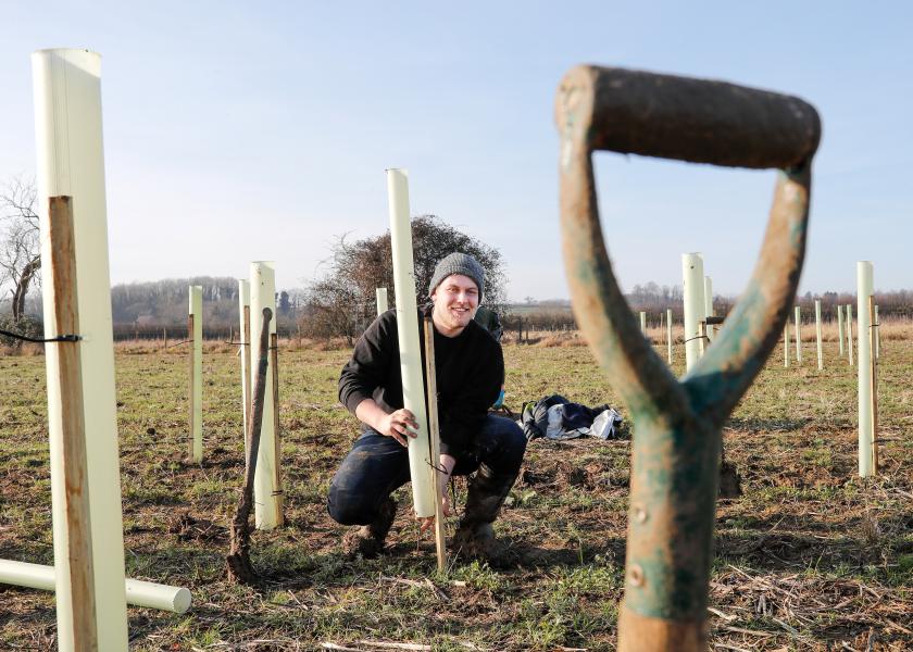 James as a Senior Forest Ranger, placing a tree guard over a newly planted tree sapling