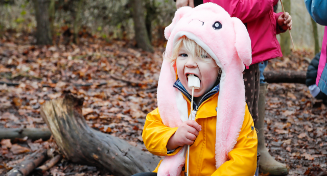 A Mini Forester enjoying a marshmallow at Middle Spernal