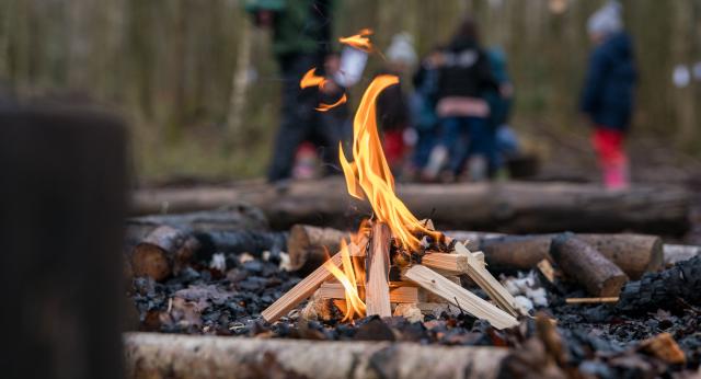 A small campfire burning in a woodland clearing, with blurred figures in the background.
