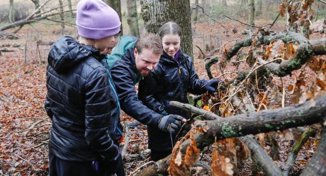 Young people with Volunteer Coordinator Jonathan during a Young Foresters session in a woodland clearing